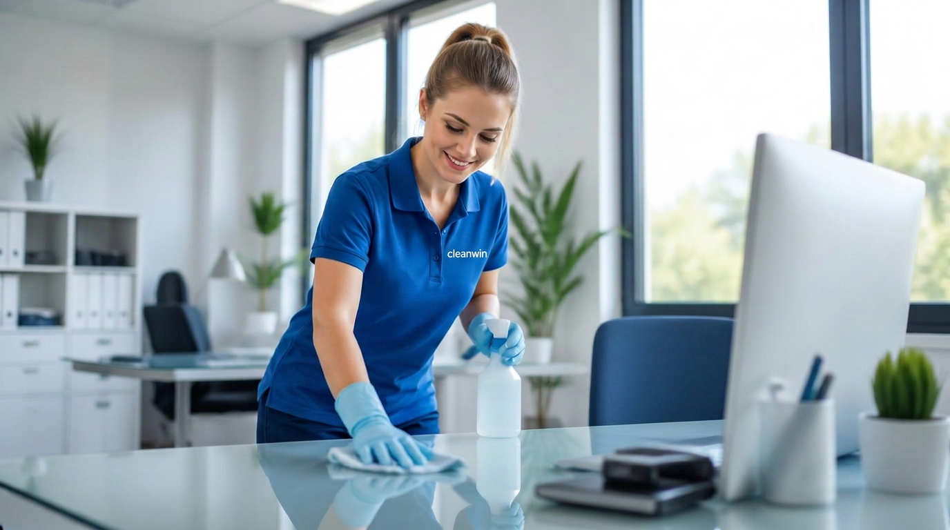 Reinigungskraft von CleanWin in CleanWin-Poloshirt bei der Büroreinigung in Winterthur